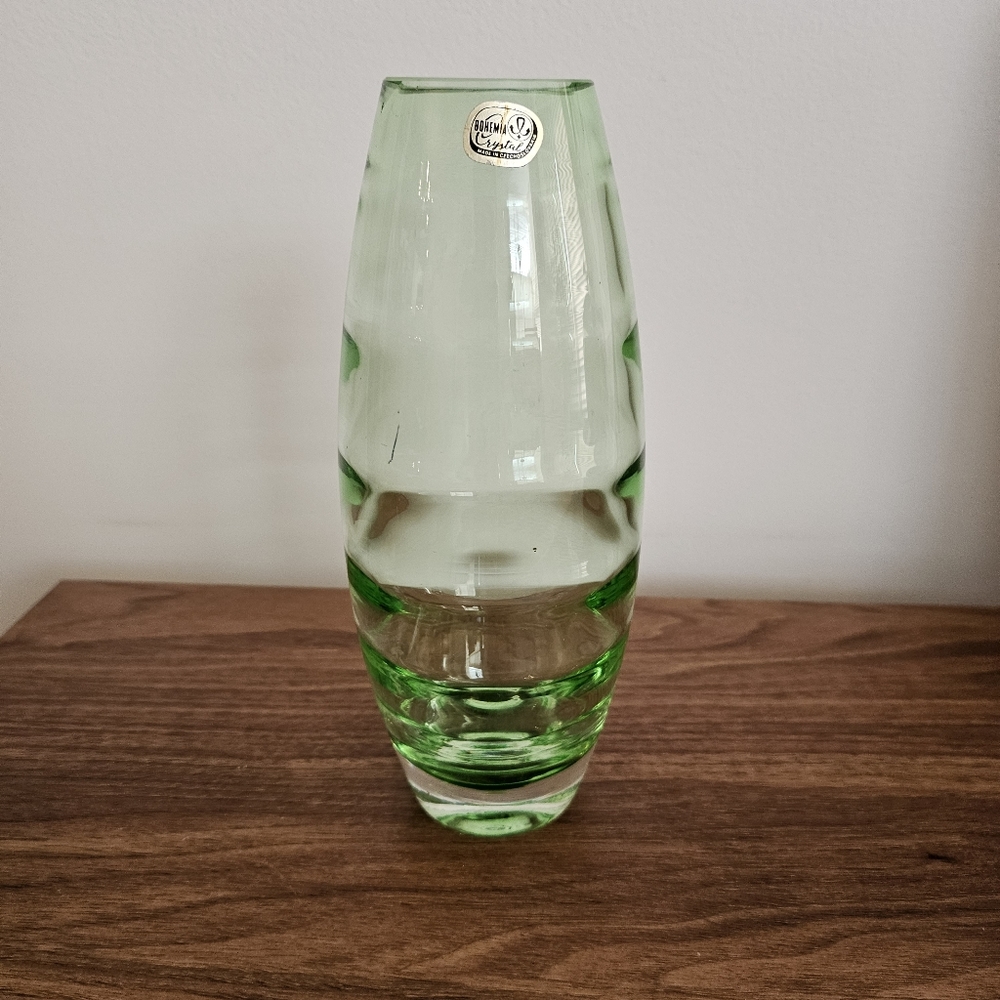 Bohemian crystal Glass green vase made in Czech Prism cut wavy Ripple sommerso